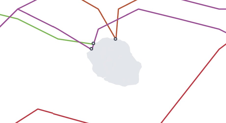 Carte des câbles sous-marins reliant La Réunion : SAFE vers l'Afrique du Sud et l'Asie, LION/LION2 vers Maurice, Madagascar, Mayotte et le Kenya, METISS vers Maurice, Madagascar et l'Afrique du Sud.
